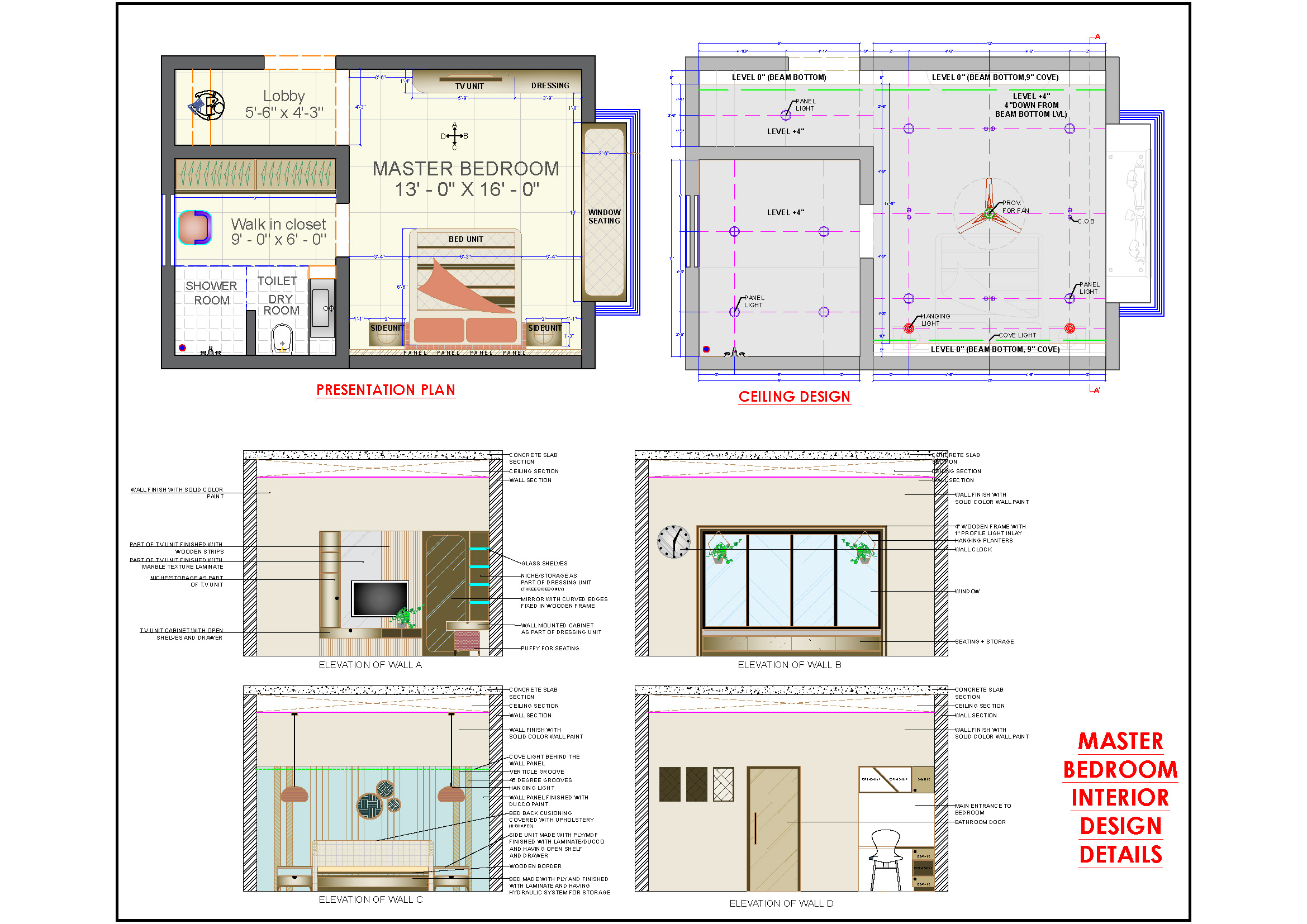 Master Bedroom Interiors Cad DWG Plan and Elevation Details